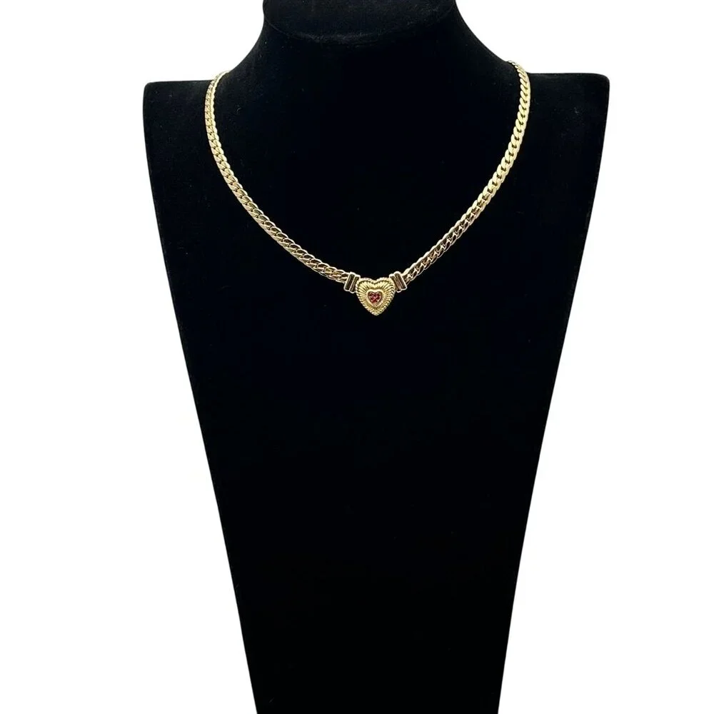 Womens Necklace Red Crystal Heart Gold Plated Choker Elegant Classic Design - Picture 3 of 3